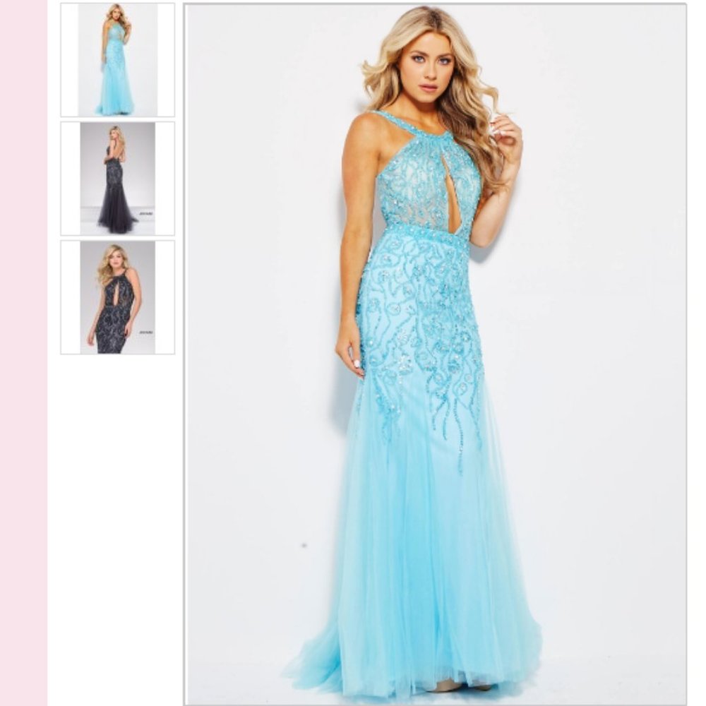 Jovani JVN33695 Aqua Blue Beaded Prom Gown